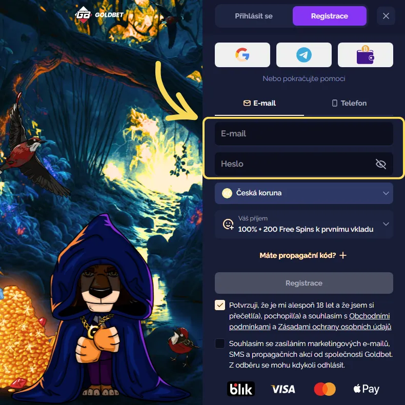 Registrace v Goldbet Casino